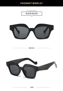 Detailed front and side views of stylish black square sunglasses with durable hinges