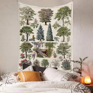 Detail showing vintage botanical tree illustrations and French text on decorative tapestry