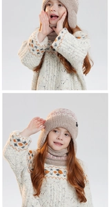 Detail of kids winter knit hat and neck warmer set with warm fleece lining and jacquard pattern