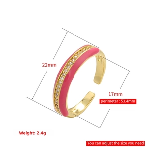Detailed size parameters of adjustable ring with pink enamel and sparkling zircons