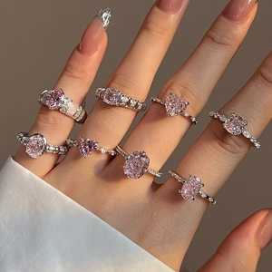 S925 sterling silver ring with pink ice flower cut zircon heart and oval gemstones