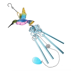 Detail of colorful metal hummingbird wind chime with four blue aluminum tubes and glass art