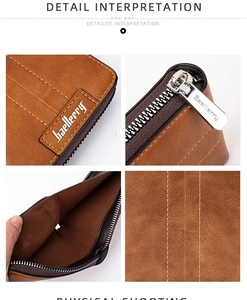 Detailed views of brown men's RFID wallet showing leather texture and zipper close-up