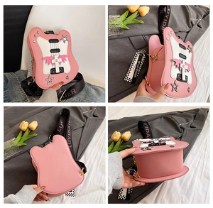 Detailed views of the pink guitar-shaped crossbody bag with silver stars and wings