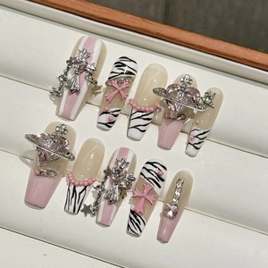 Handmade Press On Nails Pink Zebra Pattern French Manicure With 3D Saturn Heart Cross Metal Charms Rhinestone Sweet Cool Fake Nails