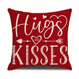 Red linen Valentine pillowcase with Hugs and Kisses text print for sofa decor