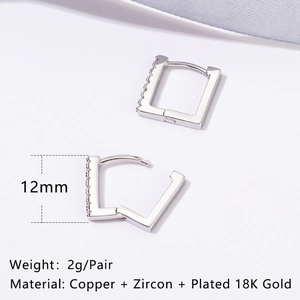 Detail view of 12mm silver square earrings showing size, weight, and material specs
