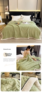 Detail of matcha green carved velvet blanket showing geometric texture and soft plush fabric