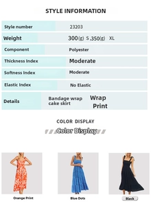 Detail showing polyester floral print, polka dot, and black sleeveless tiered dresses