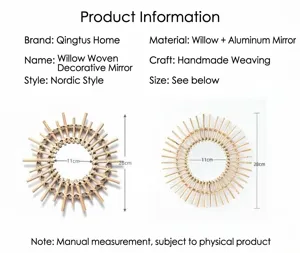 Detail of handmade wicker wall mirrors showing sunburst design and 28cm diameter size
