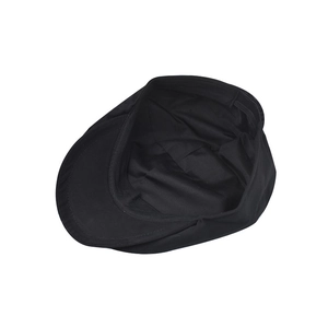 Internal view of black newsboy cap showing detailed seams and adjustable elastic strap