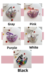 Detailed collage of unicorn sequin fanny packs in grey, pink, purple, white, and black