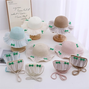 Kids straw sun hat and matching lace purse set with ribbon bows in five colors