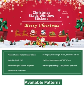 Detailed specifications of static Christmas window decals with Santa and snowflake motifs