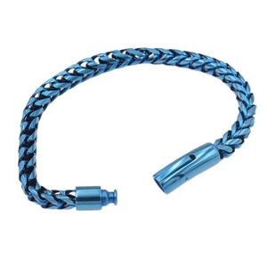 Blue hip hop style stainless steel cuban link bracelet with durable clasp on white back