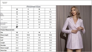 Guide des tailles détaillé pour robe blazer à paillettes rose avec photo du mannequin