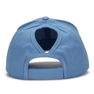 Back view of light blue cotton ponytail baseball cap with adjustable velcro strap closure
