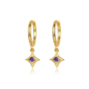 Close-up of gold hoop earrings with star charms and centered purple zircon stones