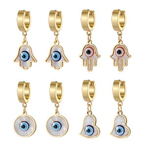 Golden Hamsa and heart earrings with shell inlay and blue evil eye charms set