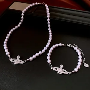 Fashion Saturn Orb Pendant Necklace And Bracelet Faux Artificial Pearl Beaded Rhinestone Jewelry For Women