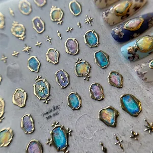 5D 3D Embossed Nail Art Stickers Gold Foil Retro Gemstone Starry Designs Self Adhesive DIY Manicure Decals