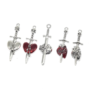 Gothic skull sword and heart pendants in silver metal with red enamel details for DIY jewelry
