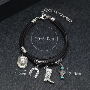 Detail of leather bracelet charms with dimensions showing 20+5cm length and cactus pendant