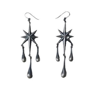 Gothic eight-pointed star drop earrings in vintage gunmetal finish with long tassels