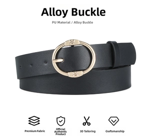 Detail of black PU leather belt featuring a golden oval buckle with butterfly relief
