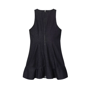 Minimalist dark blue sleeveless denim mini dress with back zipper and ruffled hemline