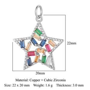 Star-shaped copper pendant with colorful cubic zirconia stones measuring 22x20mm