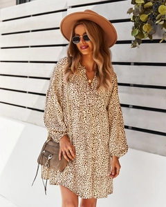 Close-up of a casual leopard print dress with V-neckline and lantern sleeve detail
