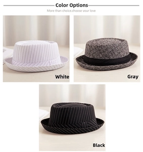 Detailed comparison of white, gray and black jazz hats with decorative ribbon bands