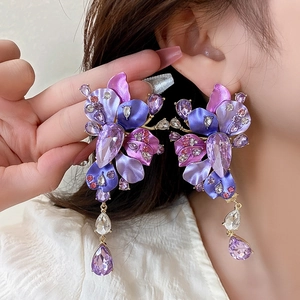 Statement retro purple flower earrings with crystal rhinestones and long tassels