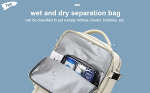 Detail view of dry and wet separation pocket with waterproof lining for travel toiletries