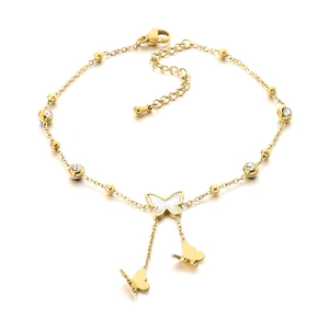 18K gold plated stainless steel layered butterfly anklet with shell inlay and crystals