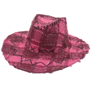 Distressed pink patchwork cowboy hat with fringe details and black stitching accents