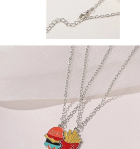 Detail view of rainbow burger and fries pendant necklaces with Best Friends engraving