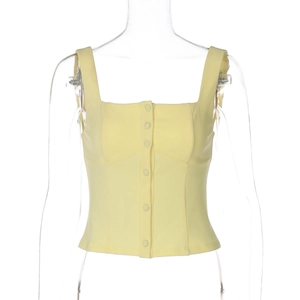 Detail of light yellow slim fit tank top with front buttons and square neckline