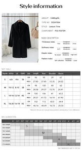 Detailed size guide and material specifications for this solid wool coat for women