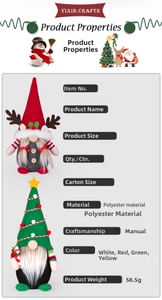Handmade polyester Christmas gnome ornaments with reindeer antlers and holiday tree hats