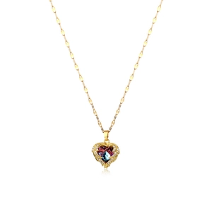 Elegant gold bow heart necklace with gradient purple gemstone and zircon accents on white background