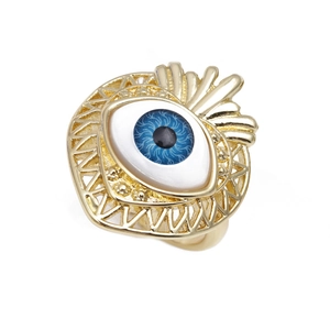 Bohemian gold evil eye adjustable open ring with blue crystal iris and white enamel