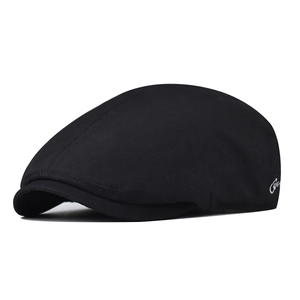 Classic black cotton flat cap with white embroidery logo and minimalist retro design