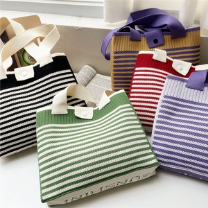 Striped knit tote bags in multiple colors with button closure and large capacity design