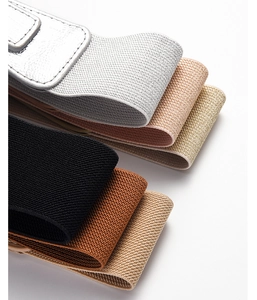 Detailed stack of elastic waist belts in six colors with high-quality PU leather buckles