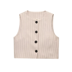 Gilet a righe beige chiaro da donna con bottoni neri e un design corto senza maniche