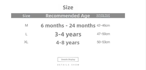 Size chart for kids vintage dinosaur baseball cap detailing age and head circumference