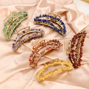 Handmade gold metal banana hair clips with colorful natural crushed stone crystal wrap
