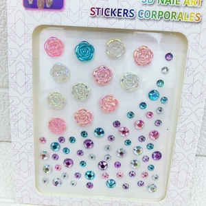 Detail of 3D facial gemstone stickers with resin roses and colorful crystal rhinestones
